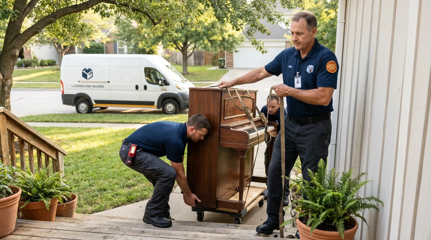 Licensed piano movers securing grand piano in Essex Fells, NJ