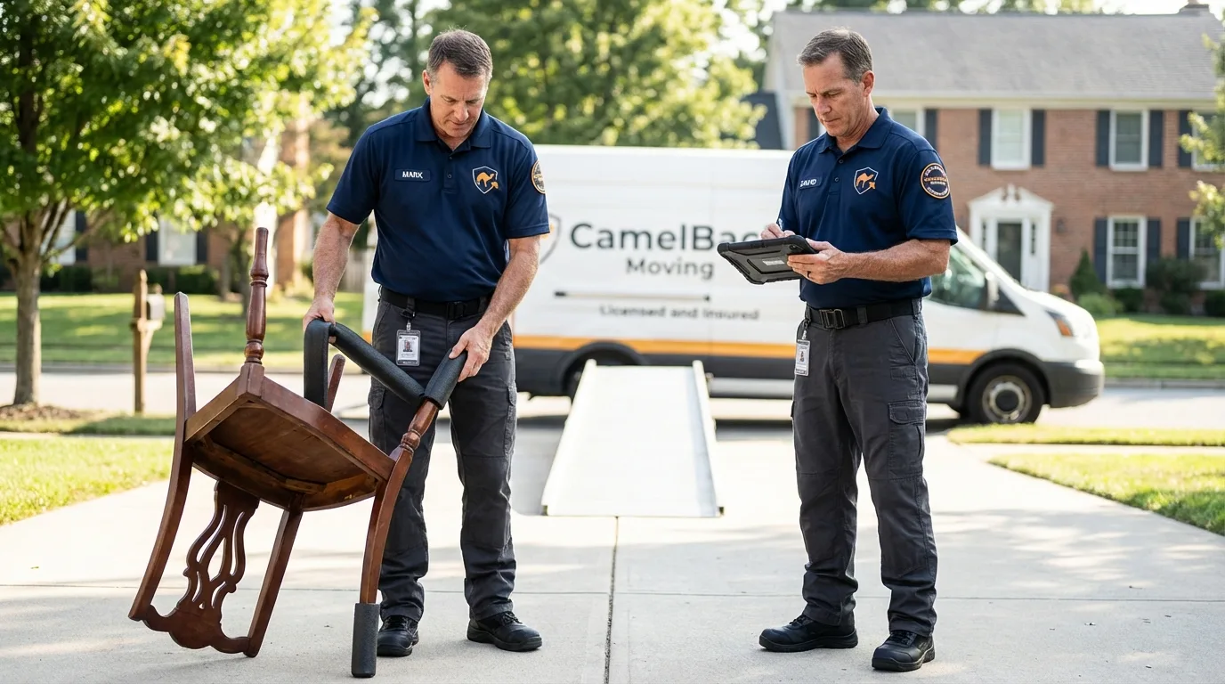 Movers inspecting furniture for damage prevention before loading in Essex Fells, NJ