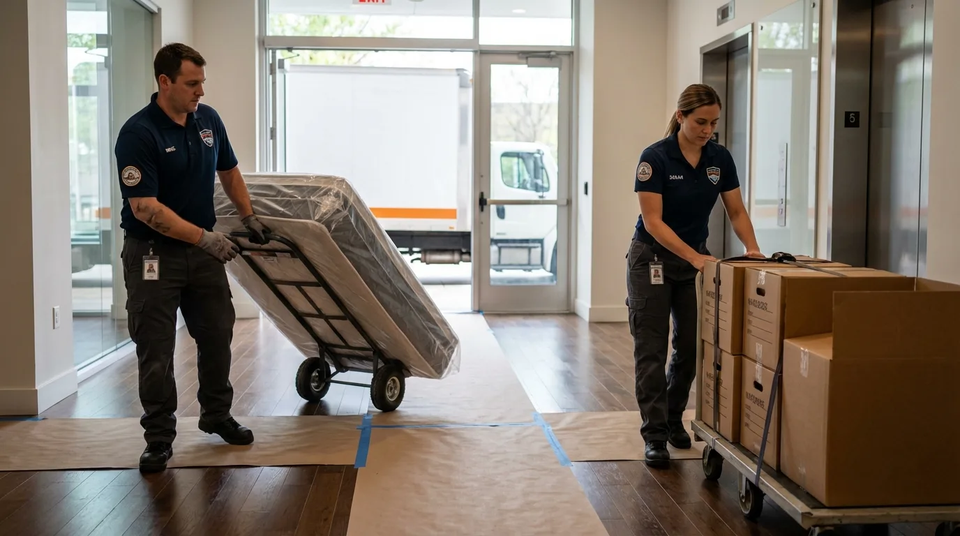 Professional apartment movers loading elevator in Essex Fells, NJ