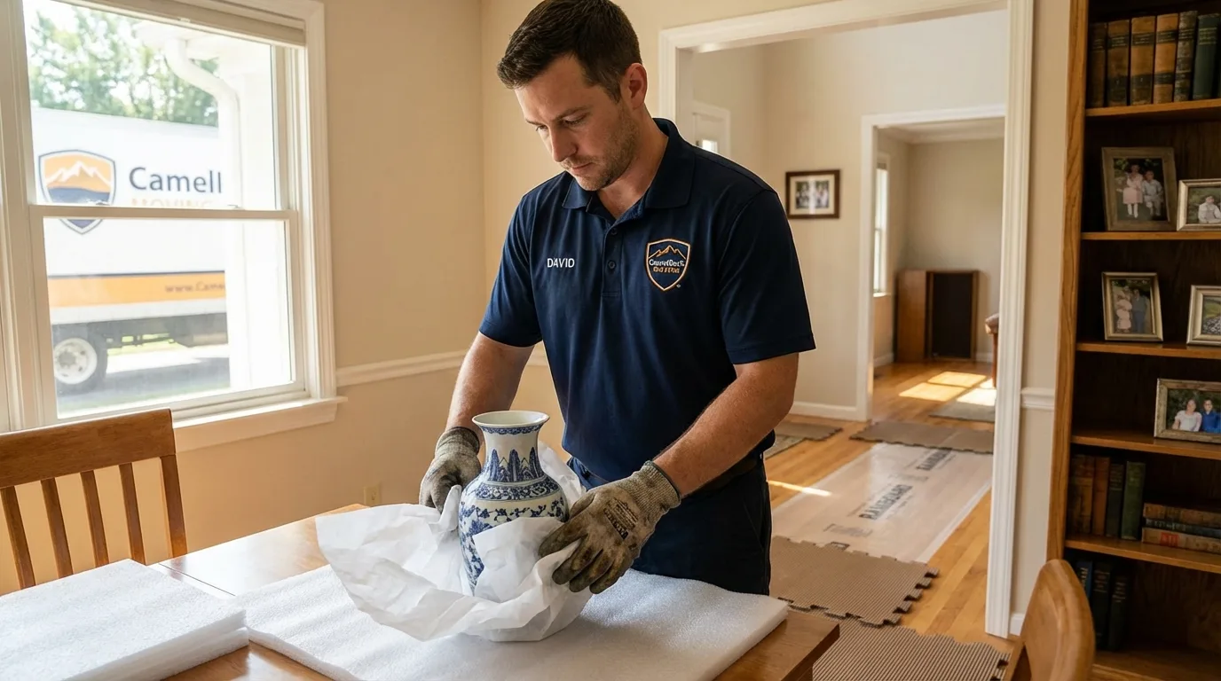 Professional crew carefully wrapping antique vase for senior downsizing move in Essex Fells, NJ